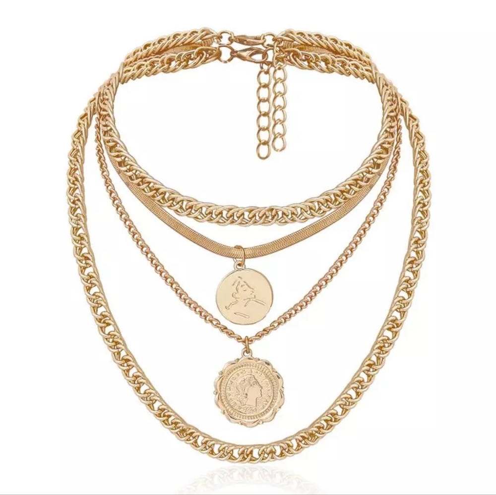 Punk Miami Cuban Chunky 4 Layered Gold Color Metal Coin Pendant Necklaces